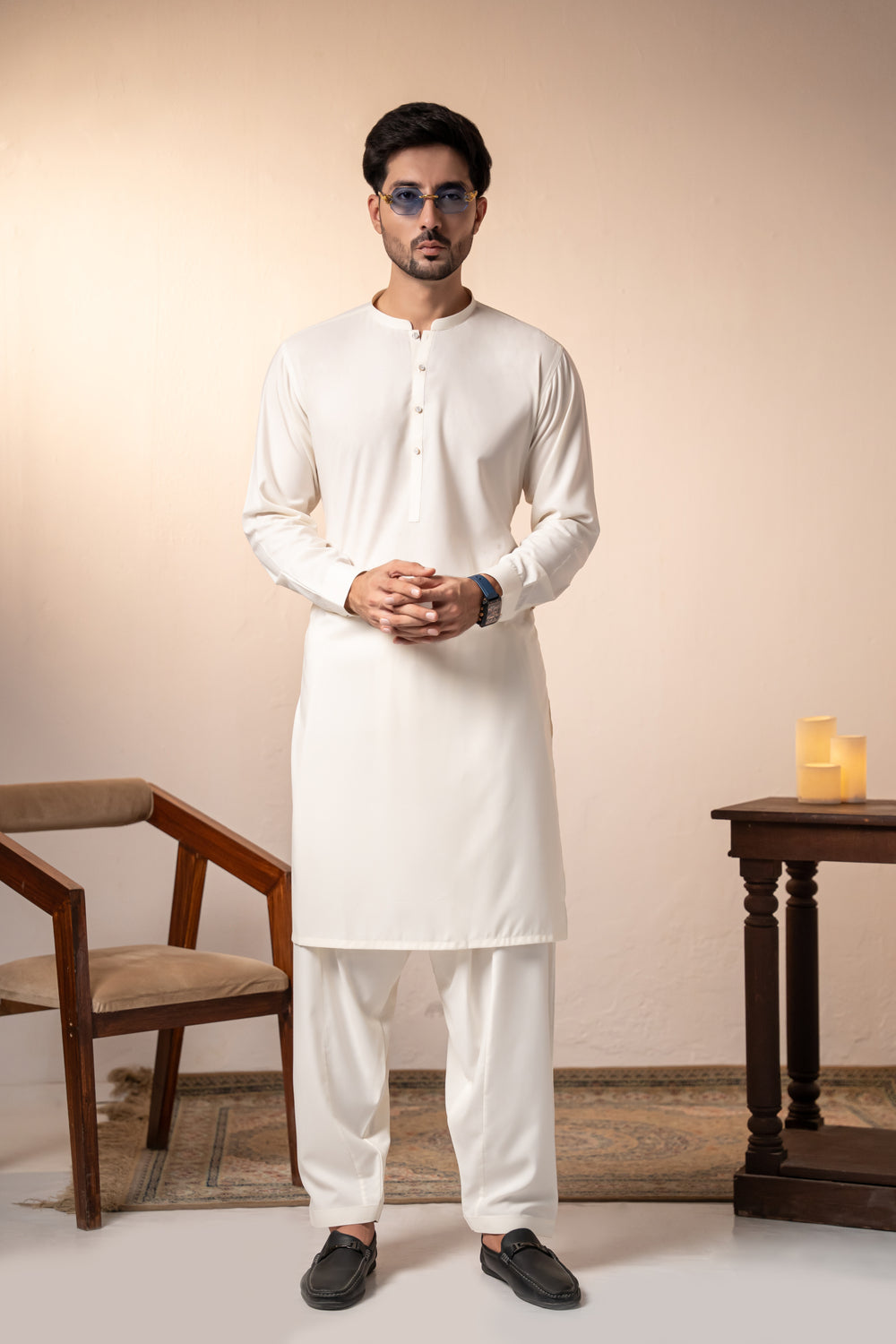 Cream Plain Kurta Shalwar by Al Deebaj, photo 4