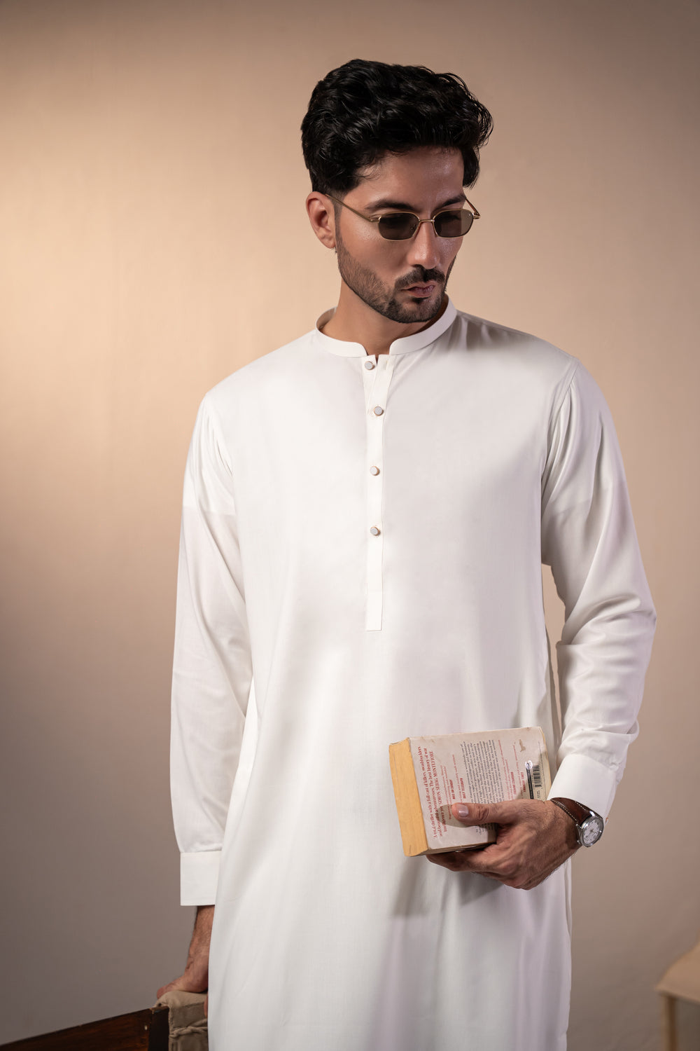 Off-White Plain Kurta Shalwar by Al Deebaj, photo 3
