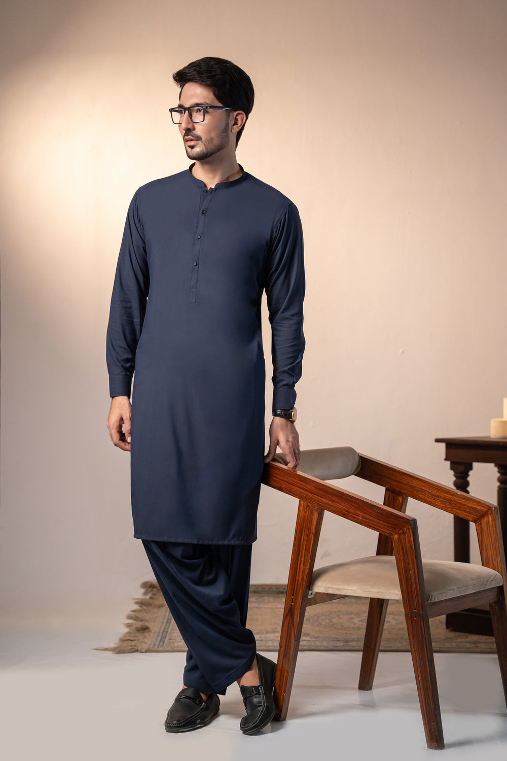 Navy Plain Kurta Shalwar by Al Deebaj, photo 3