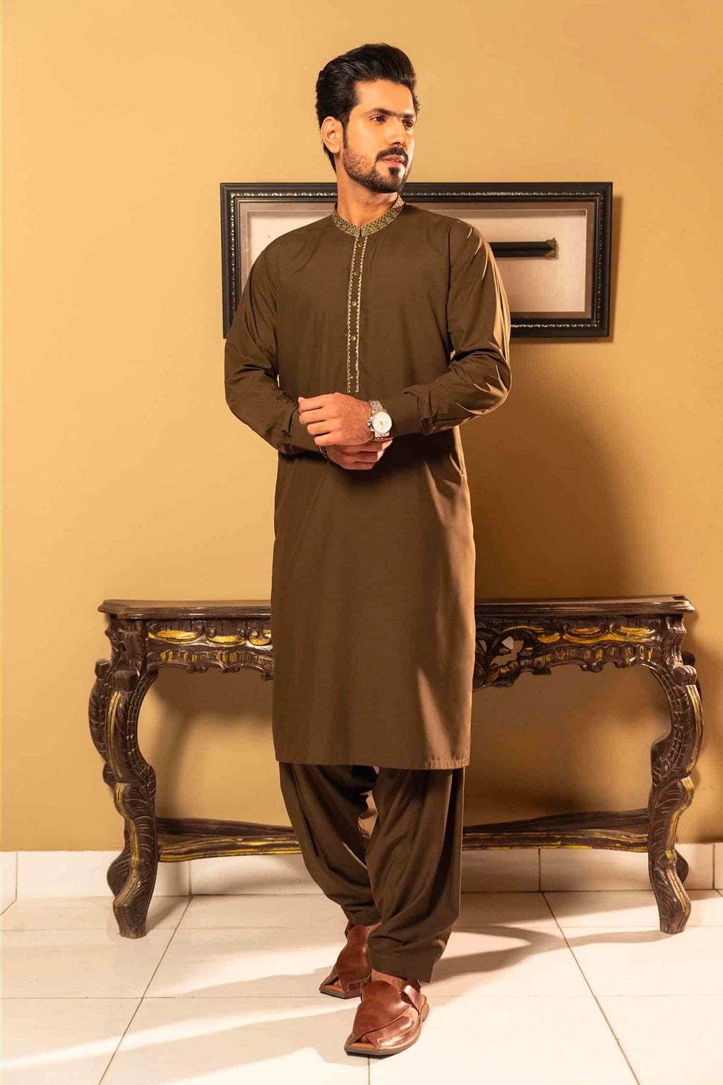 Olive Green Blended Kameez Shalwar by Al Deebaj