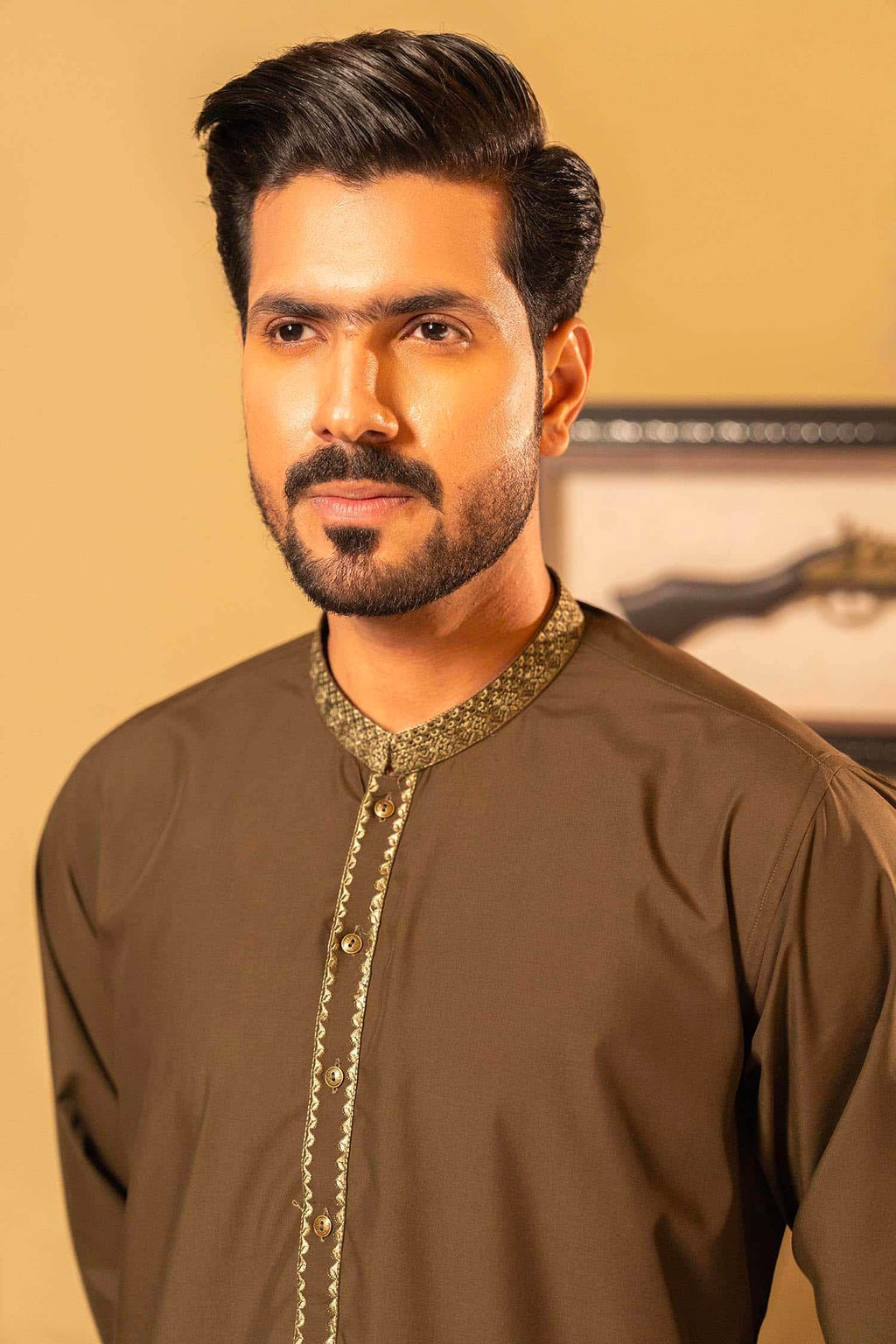 Olive Green Blended Kameez Shalwar by Al Deebaj, photo 3