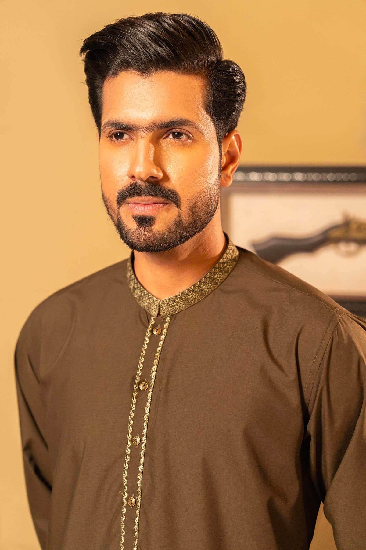 Olive Green Blended Kameez Shalwar by Al Deebaj, photo 3