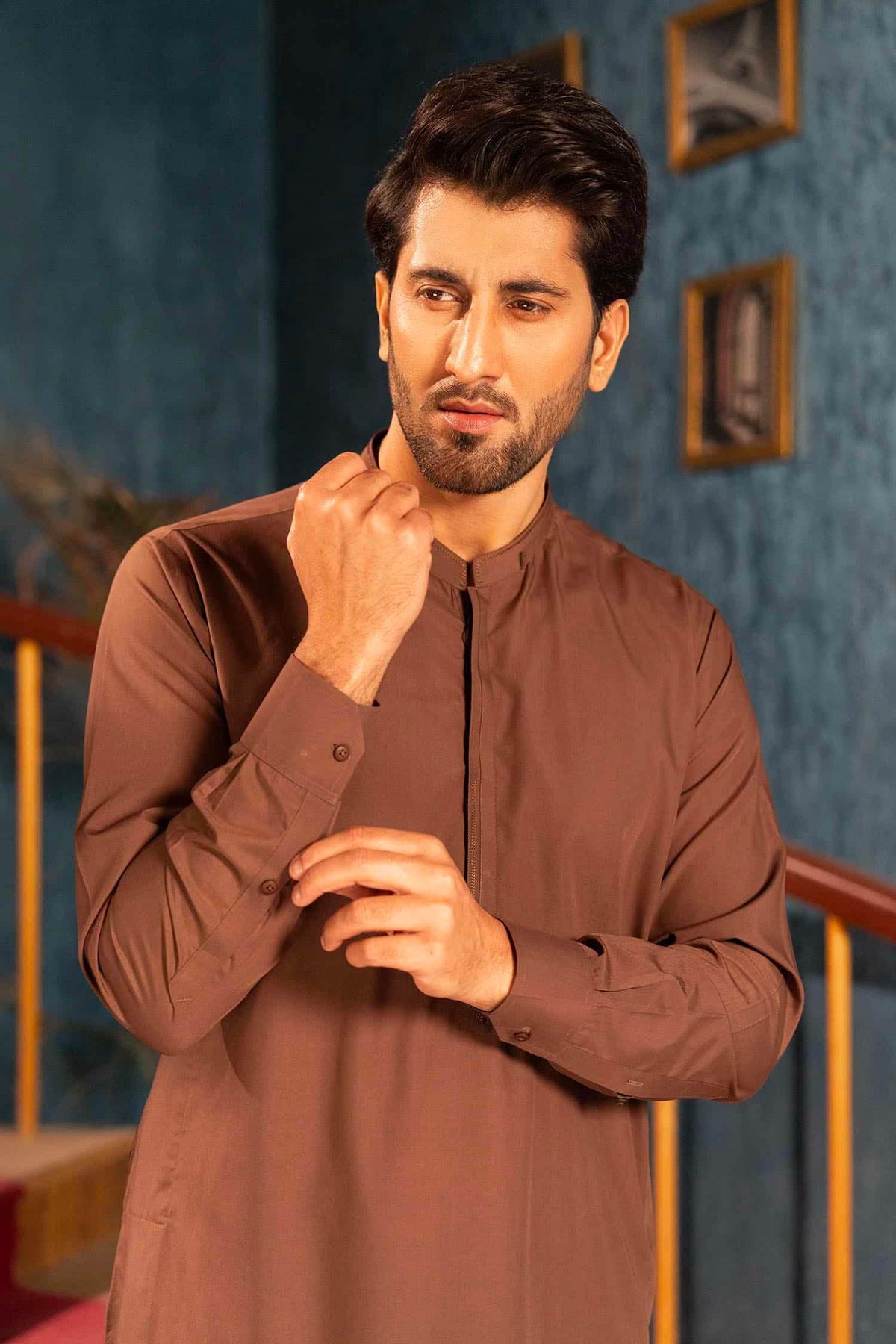 Dark Brown Blended Kameez Shalwar by Al Deebaj, photo 4