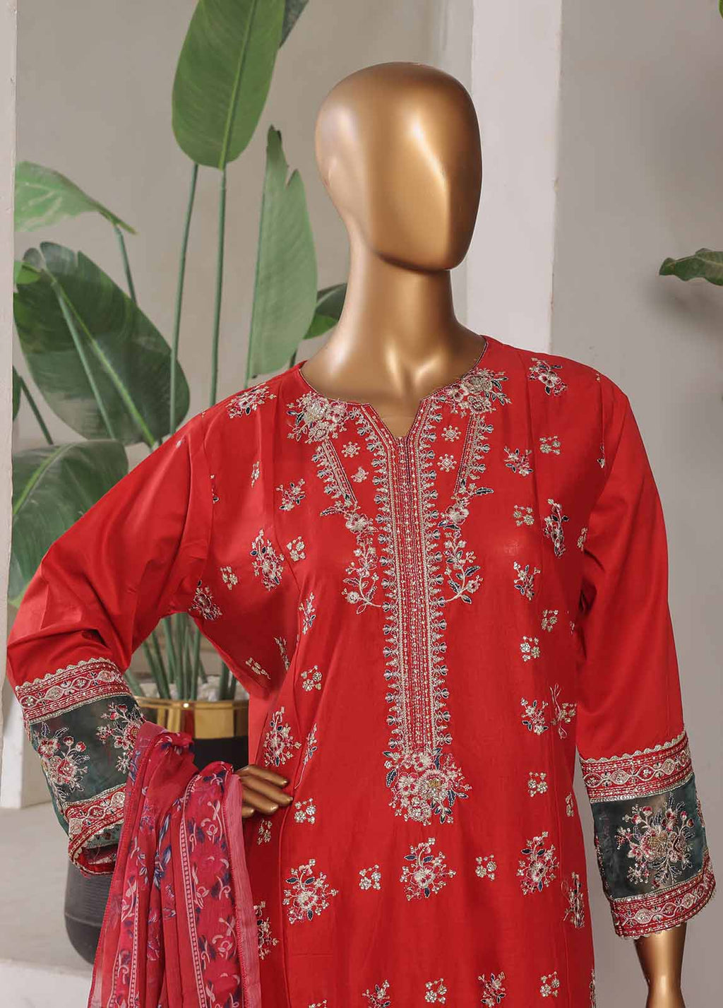 Embroidered Scarlet Red Lawn 3-Piece Stitched Suit by Bin Saeed