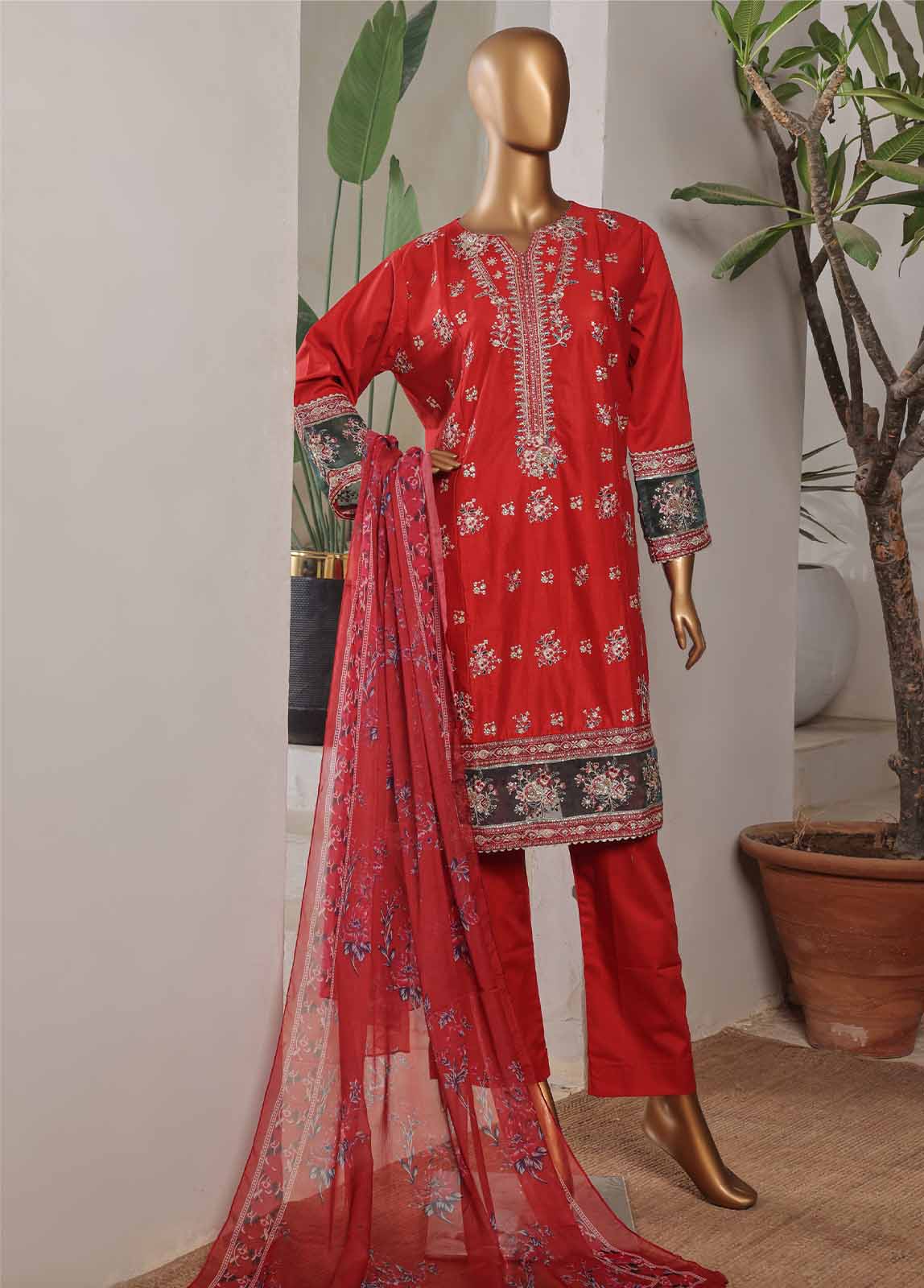 Embroidered Scarlet Red Lawn 3-Piece Stitched Suit by Bin Saeed, photo 3