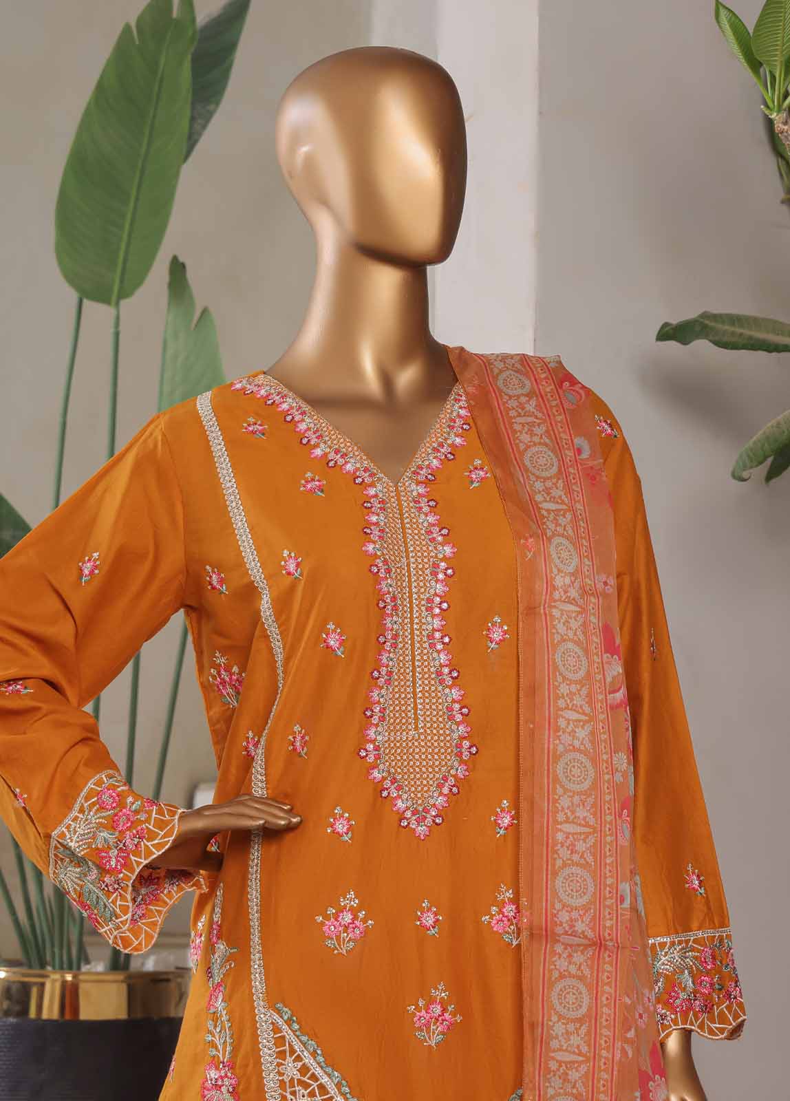 Embroidered Honey Orange Lawn 3-Piece Stitched Suit by Bin Saeed