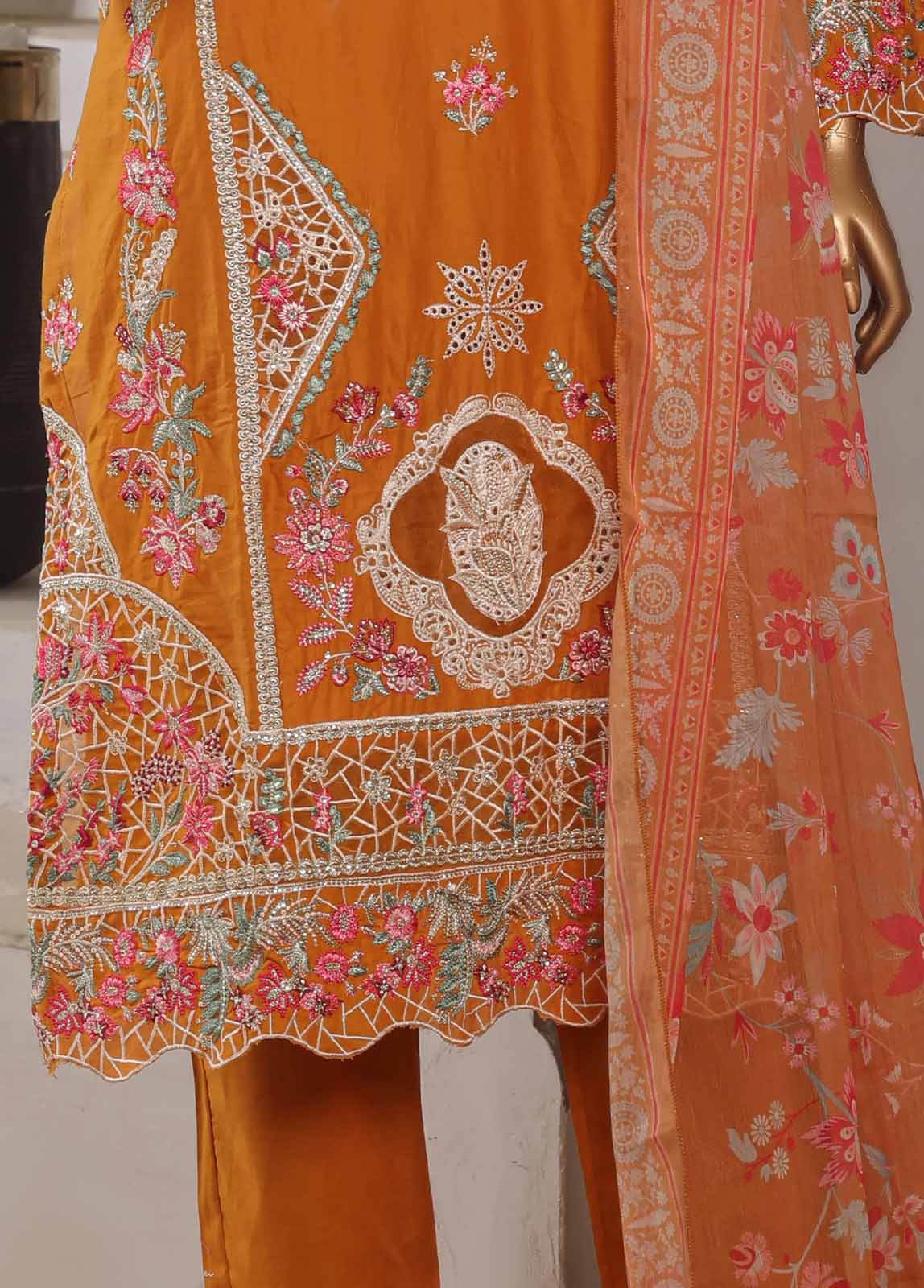 Embroidered Honey Orange Lawn 3-Piece Stitched Suit by Bin Saeed, photo 5