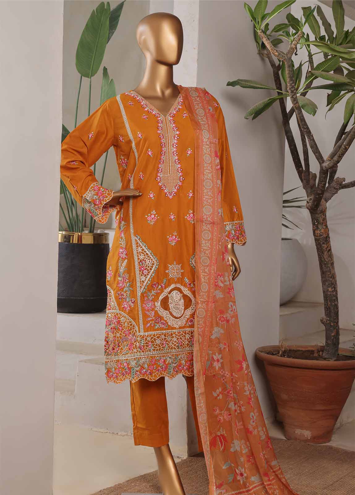 Embroidered Honey Orange Lawn 3-Piece Stitched Suit by Bin Saeed, photo 3