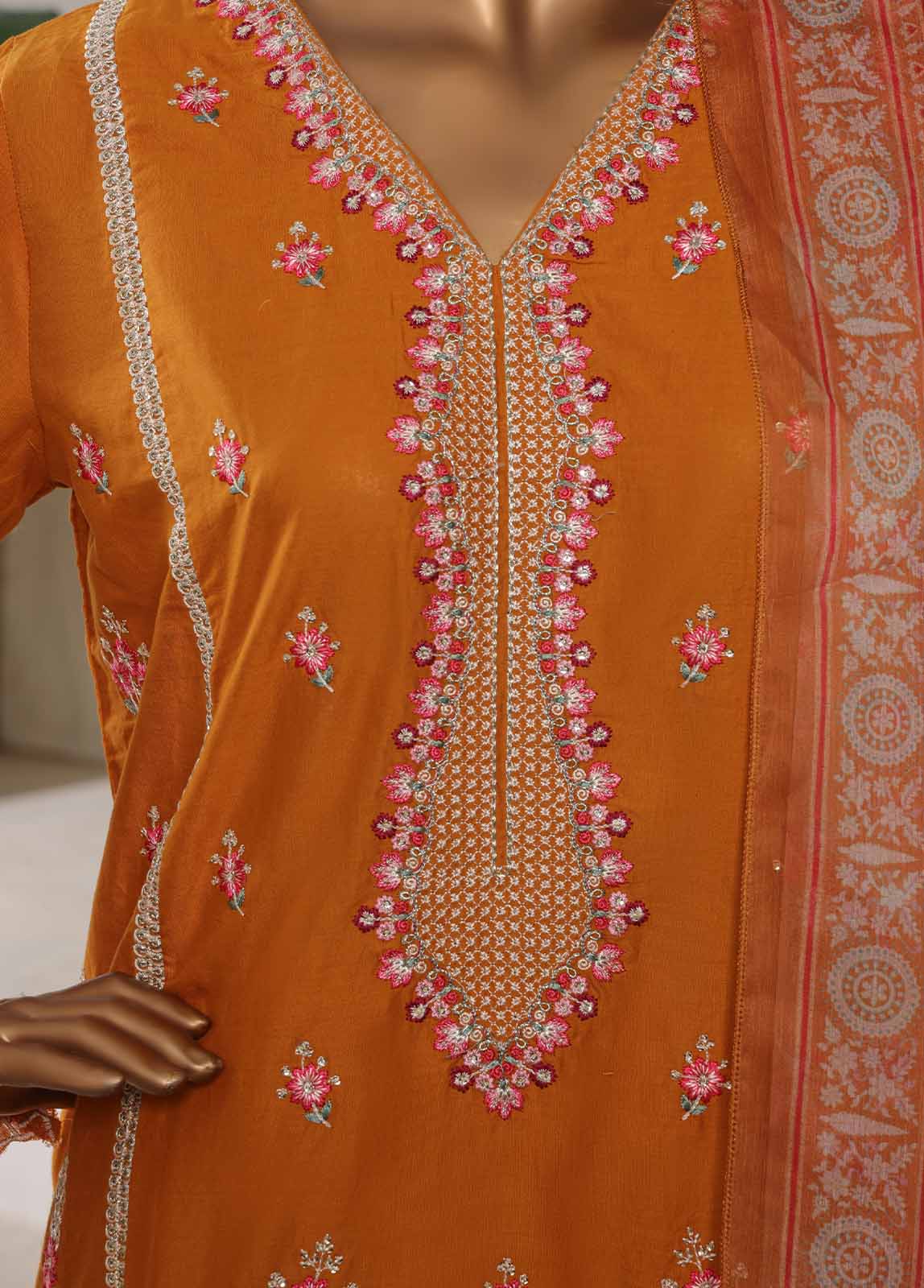 Embroidered Honey Orange Lawn 3-Piece Stitched Suit by Bin Saeed, photo 6