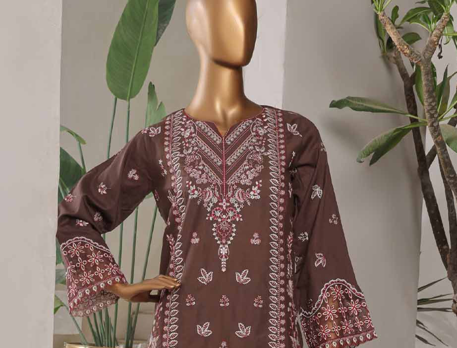 Embroidered Dark Brown Lawn 3-Piece Stitched Suit by Bin Saeed, photo 2