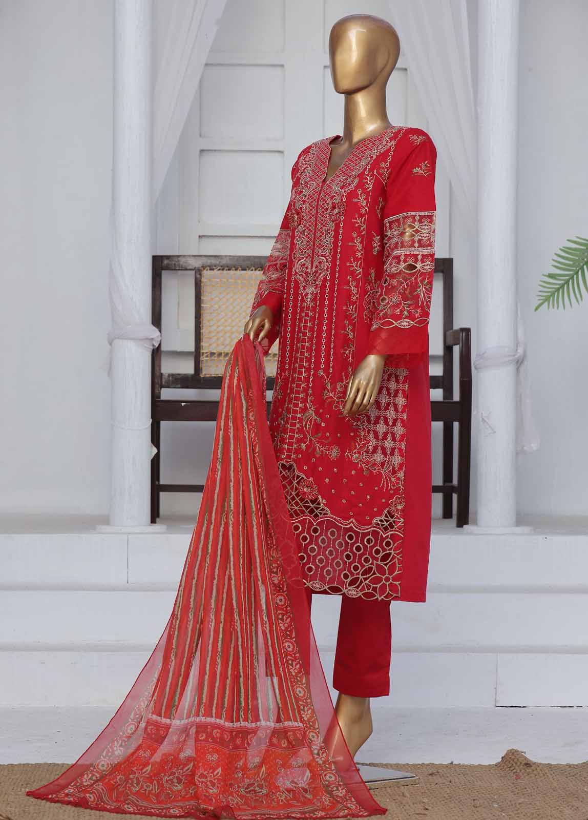 Embroidered Red Lawn 3-Piece Stitched Suit by Bin Saeed, photo 4