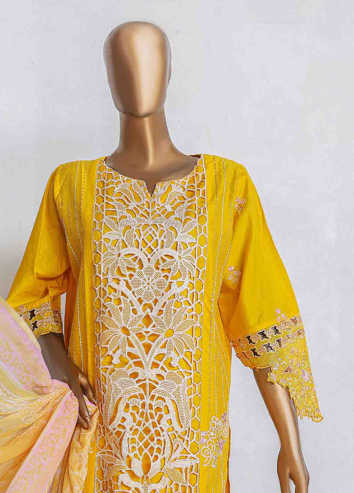 Embroidered Mustard Cotton 3-Piece Stitched Suit by Bin Saeed