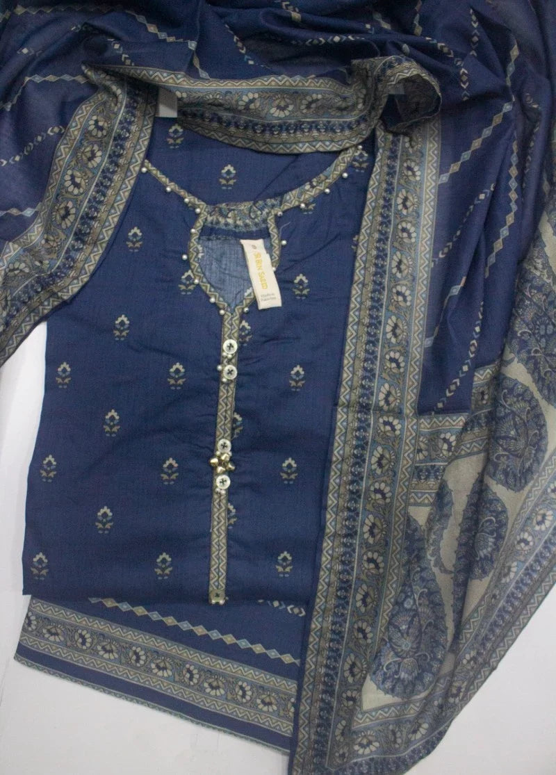 Printed Navy Blue Lawn 3-Piece Stitched Suit by Bin Saeed