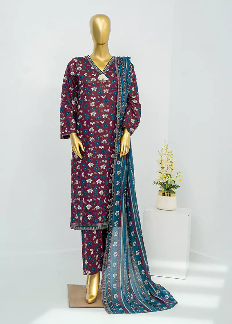 Printed Maroon Lawn 3-Piece Stitched Suit by Bin Saeed