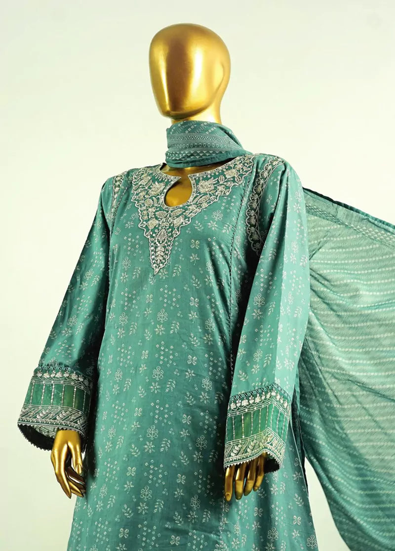 Jade Green Cotton 3-Piece Stitched Frock Suit by Bin Saeed
