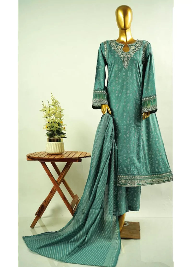 Jade Green Cotton 3-Piece Stitched Frock Suit by Bin Saeed, photo 3