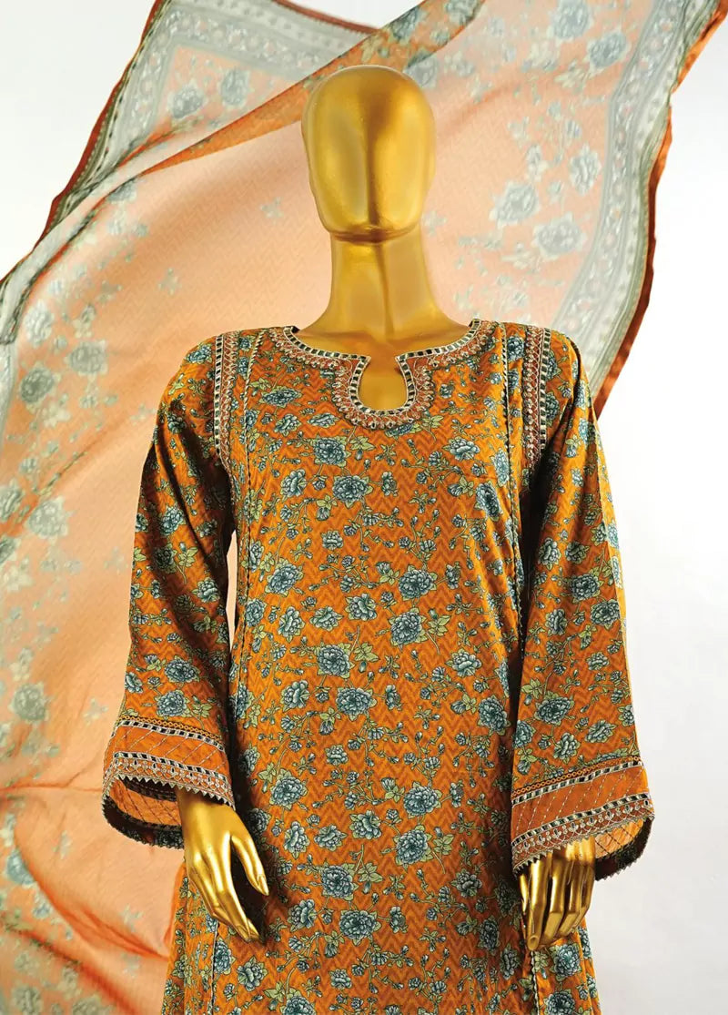 Honey Orange Cotton 3-Piece Stitched Frock Suit by Bin Saeed