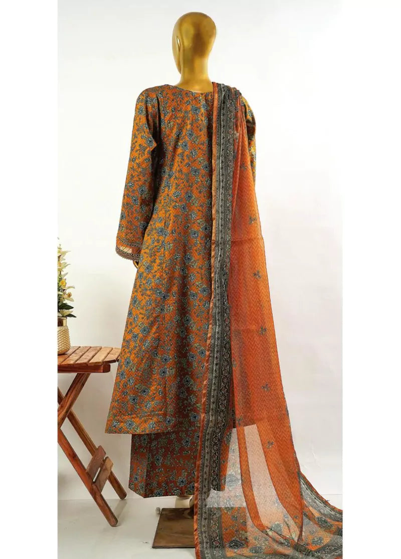 Honey Orange Cotton 3-Piece Stitched Frock Suit by Bin Saeed, photo 2
