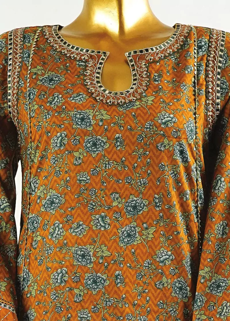 Honey Orange Cotton 3-Piece Stitched Frock Suit by Bin Saeed, photo 4
