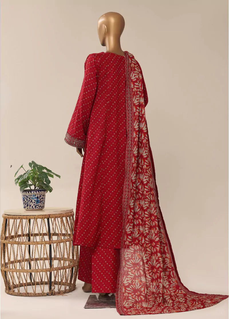 Red Cotton 3-Piece Stitched Frock Suit by Bin Saeed, photo 2