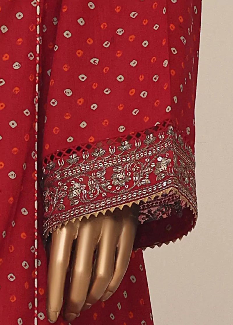 Red Cotton 3-Piece Stitched Frock Suit by Bin Saeed, photo 4