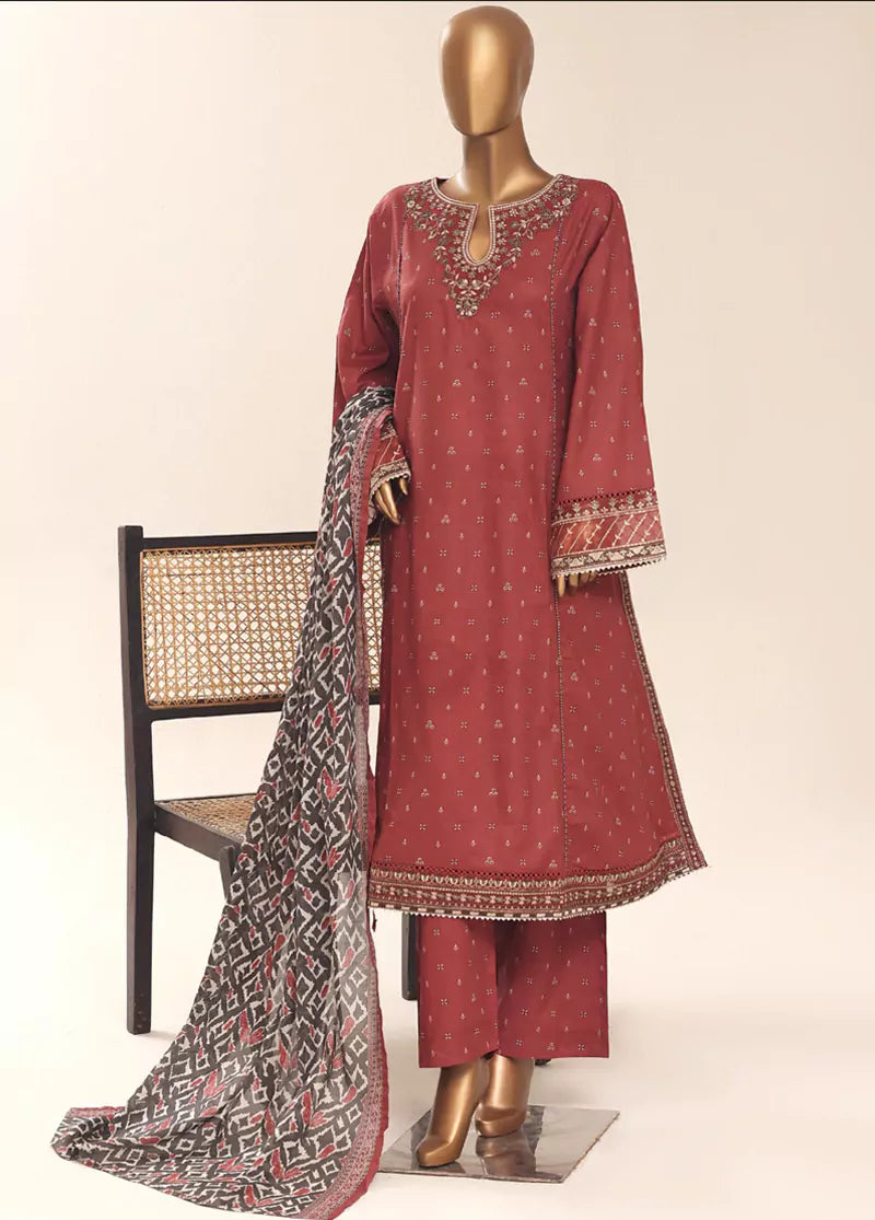 Rust Cotton 3-Piece Stitched Frock Suit by Bin Saeed, photo 3