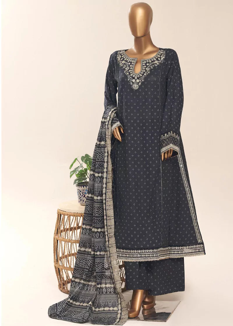 Charcoal Cotton 3-Piece Stitched Frock Suit by Bin Saeed, photo 3