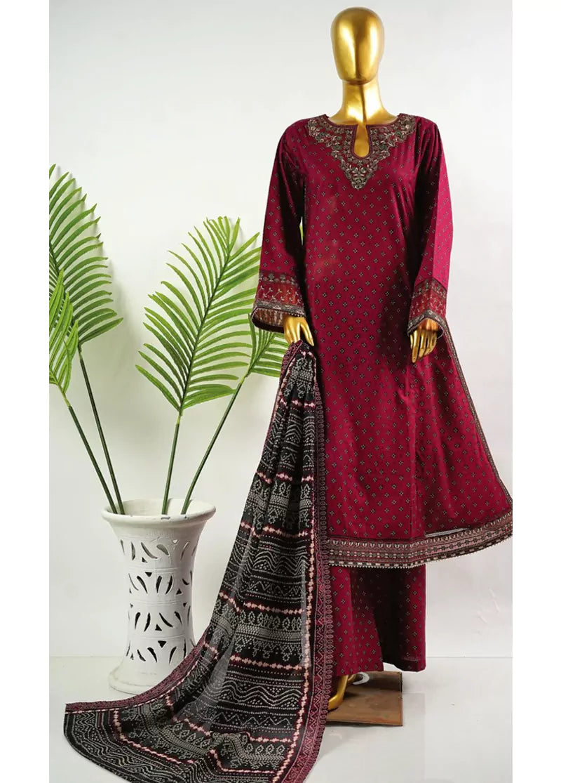 Maroon Cotton 3-Piece Stitched Frock Suit by Bin Saeed