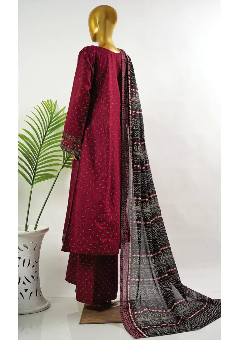 Maroon Cotton 3-Piece Stitched Frock Suit by Bin Saeed, photo 2