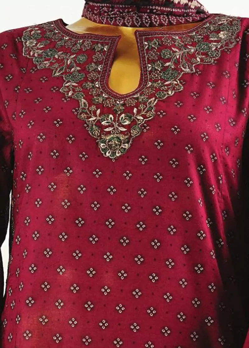 Maroon Cotton 3-Piece Stitched Frock Suit by Bin Saeed, photo 3