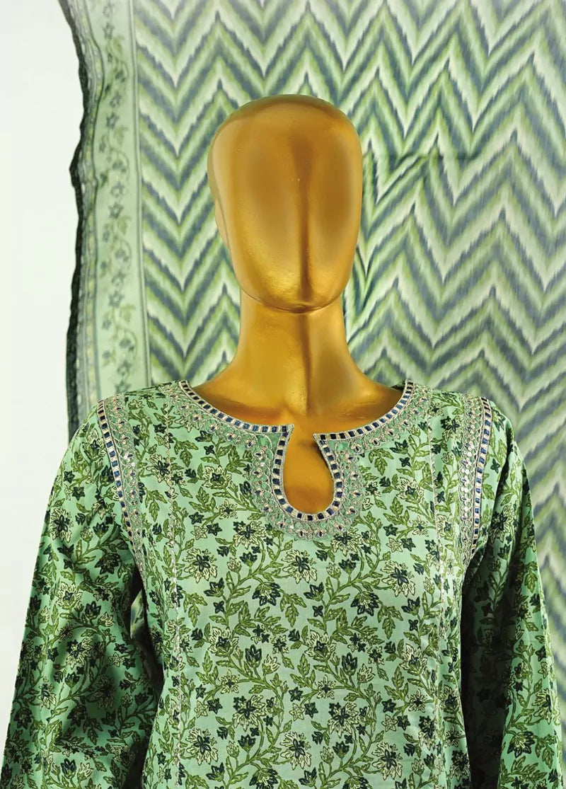 Green Cotton 3-Piece Stitched Frock Suit by Bin Saeed
