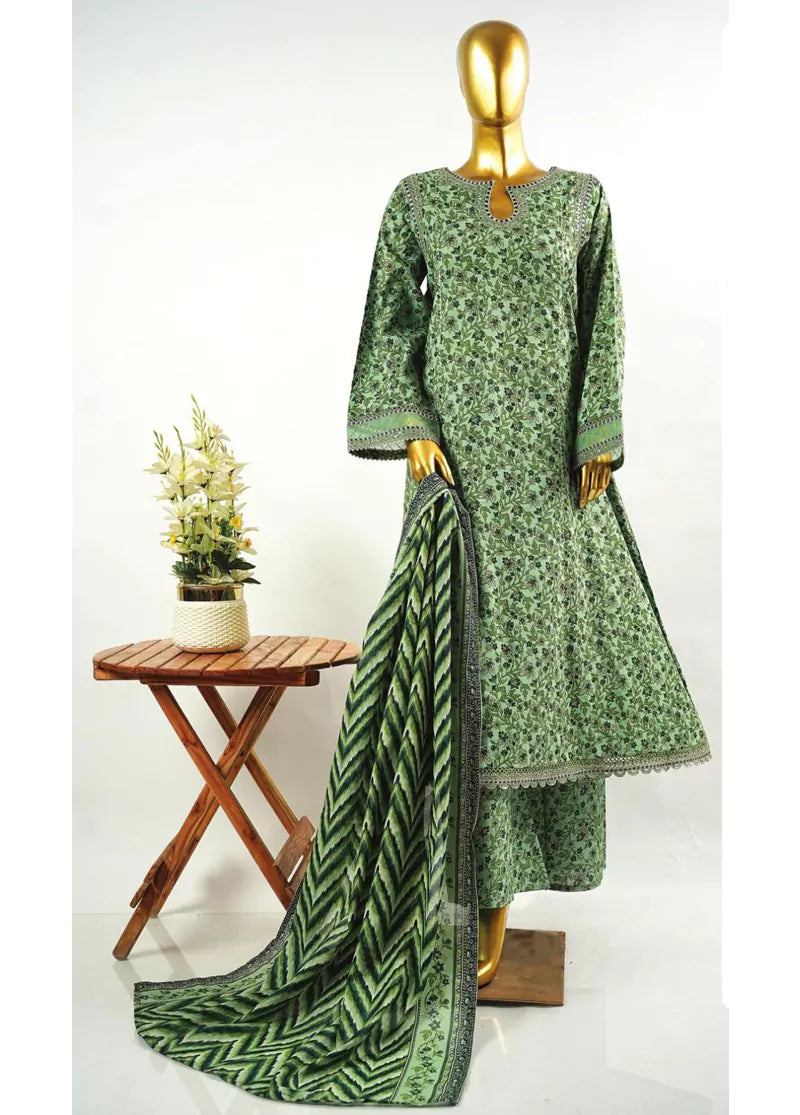 Green Cotton 3-Piece Stitched Frock Suit by Bin Saeed, photo 3