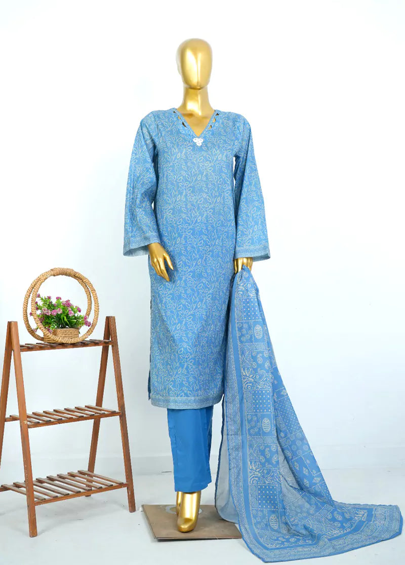 Printed Blue Lawn 3-Piece Stitched Suit by Bin Saeed