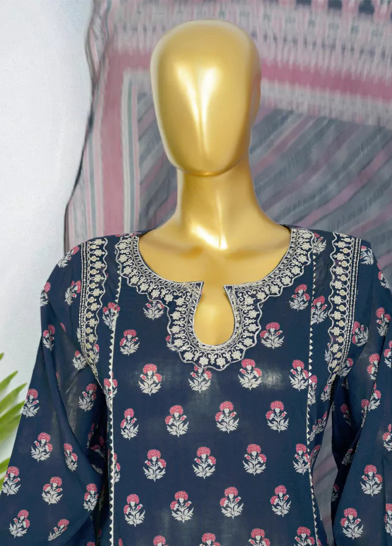 Navy Blue Cotton 3-Piece Stitched Frock Suit by Bin Saeed