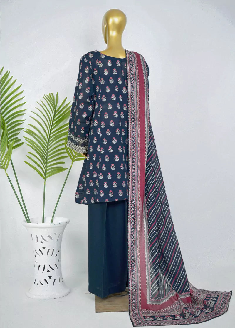 Navy Blue Cotton 3-Piece Stitched Frock Suit by Bin Saeed, photo 2