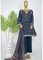 Navy Blue Cotton 3-Piece Stitched Frock Suit by Bin Saeed, photo 3