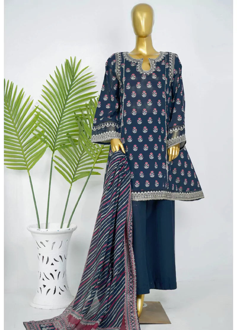 Navy Blue Cotton 3-Piece Stitched Frock Suit by Bin Saeed, photo 3