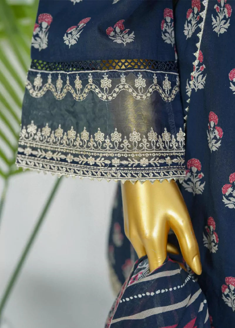 Navy Blue Cotton 3-Piece Stitched Frock Suit by Bin Saeed, photo 4