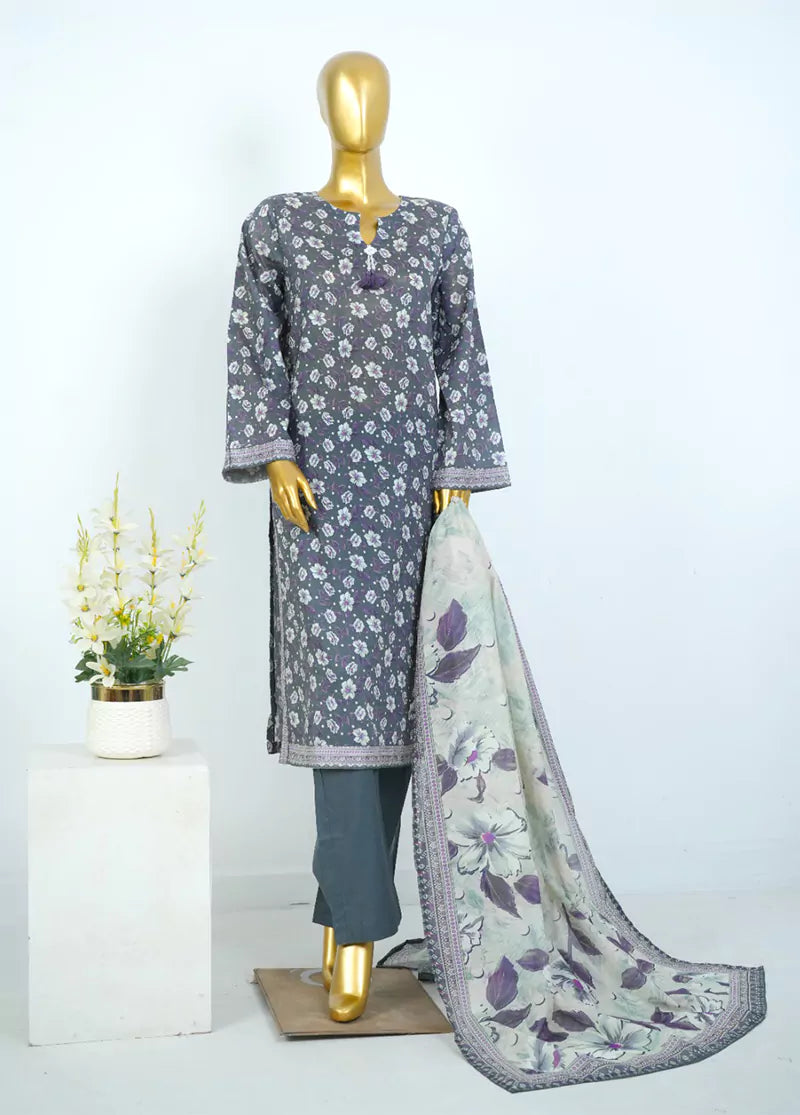 Printed Grey Cotton 3-Piece Stitched Suit by Bin Saeed