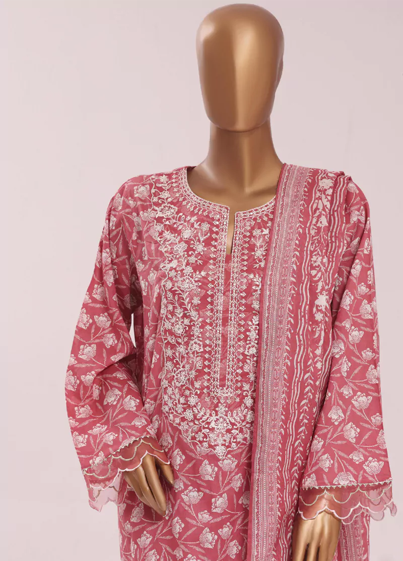 Coral Pink Cotton 3-Piece Stitched Suit by Bin Saeed