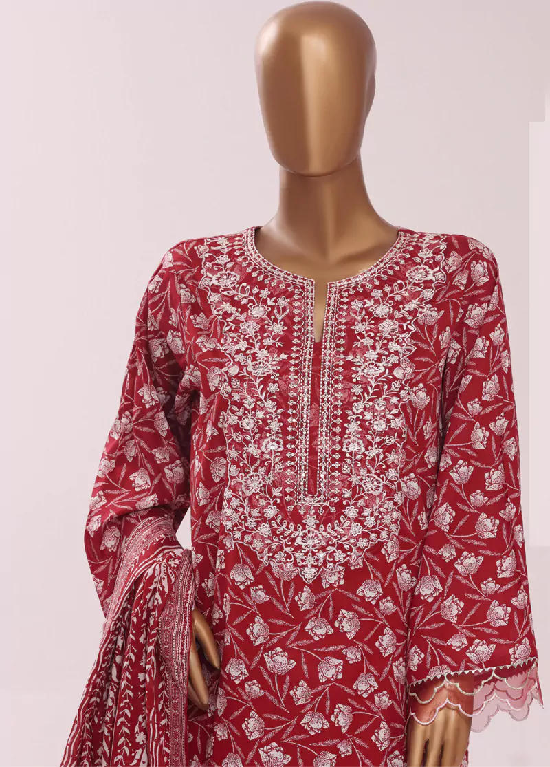 Red Cotton 3-Piece Stitched Suit by Bin Saeed