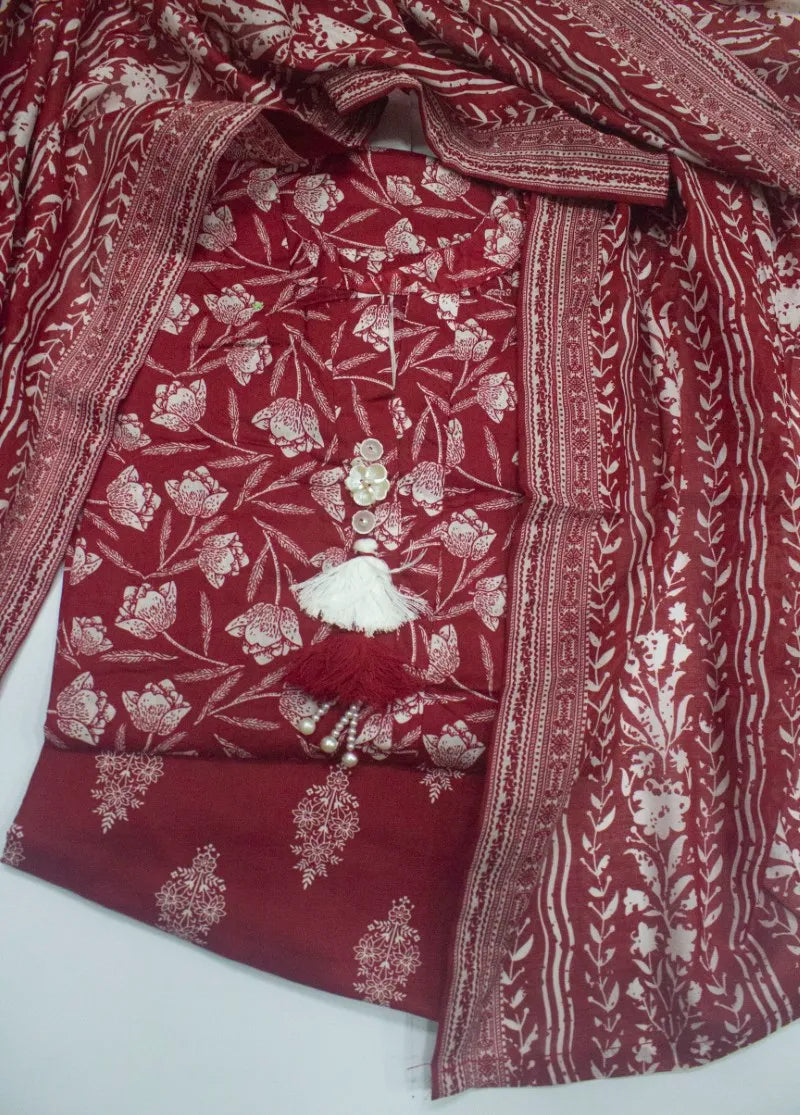 Printed Red Lawn 3-Piece Stitched Suit by Bin Saeed