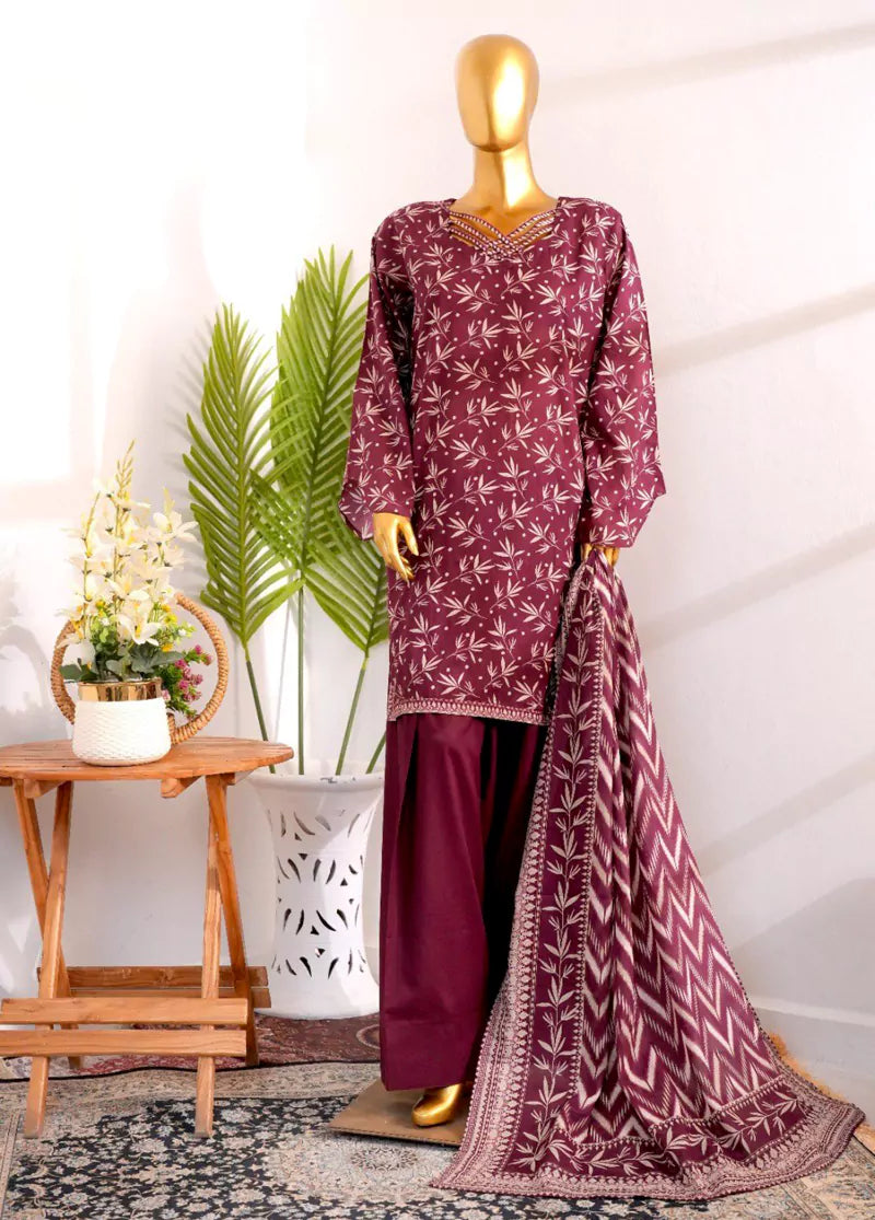 Printed Maroon Cotton 3-Piece Stitched Suit by Bin Saeed