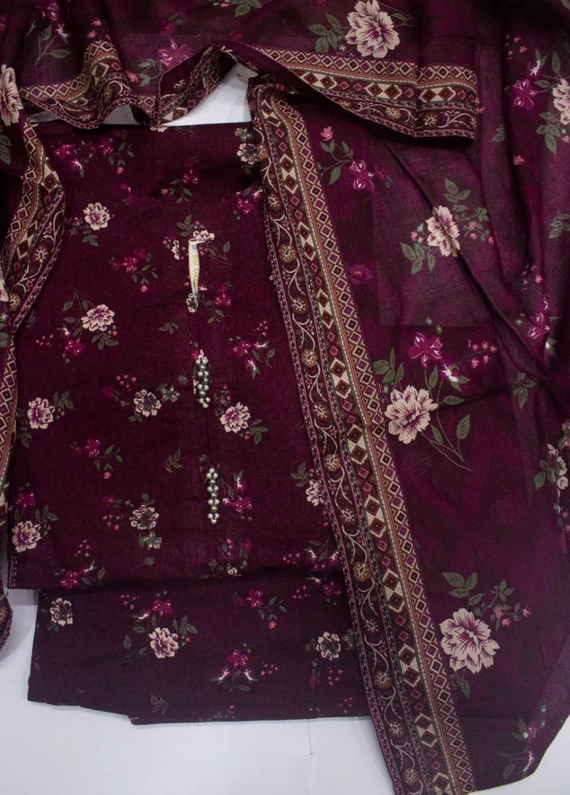 Printed Maroon Cotton 3-Piece Stitched Suit by Bin Saeed