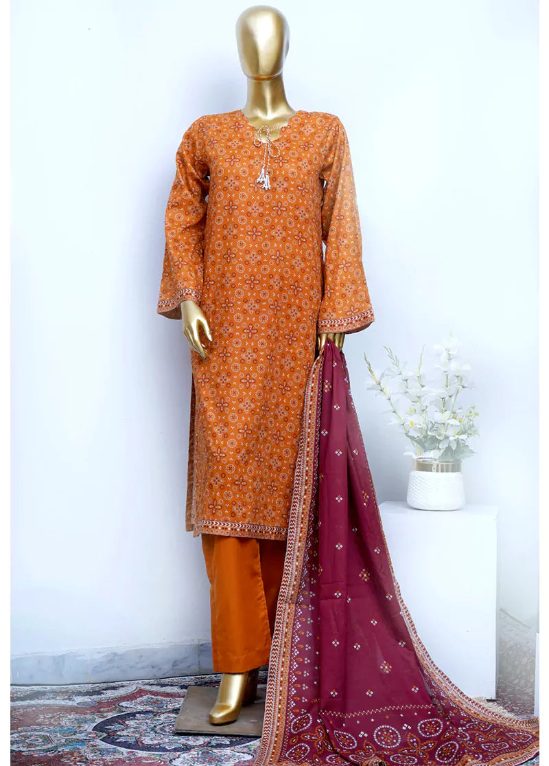 Printed Orange Cotton 3-Piece Stitched Suit by Bin Saeed