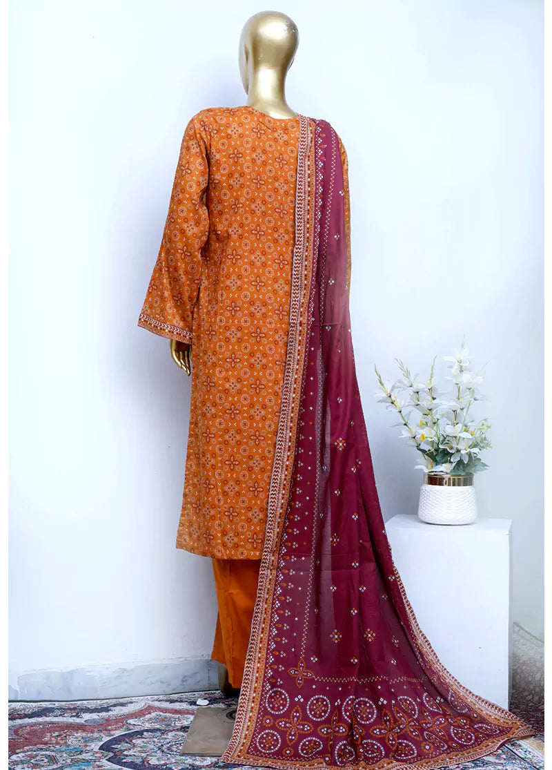 Printed Orange Cotton 3-Piece Stitched Suit by Bin Saeed, photo 2