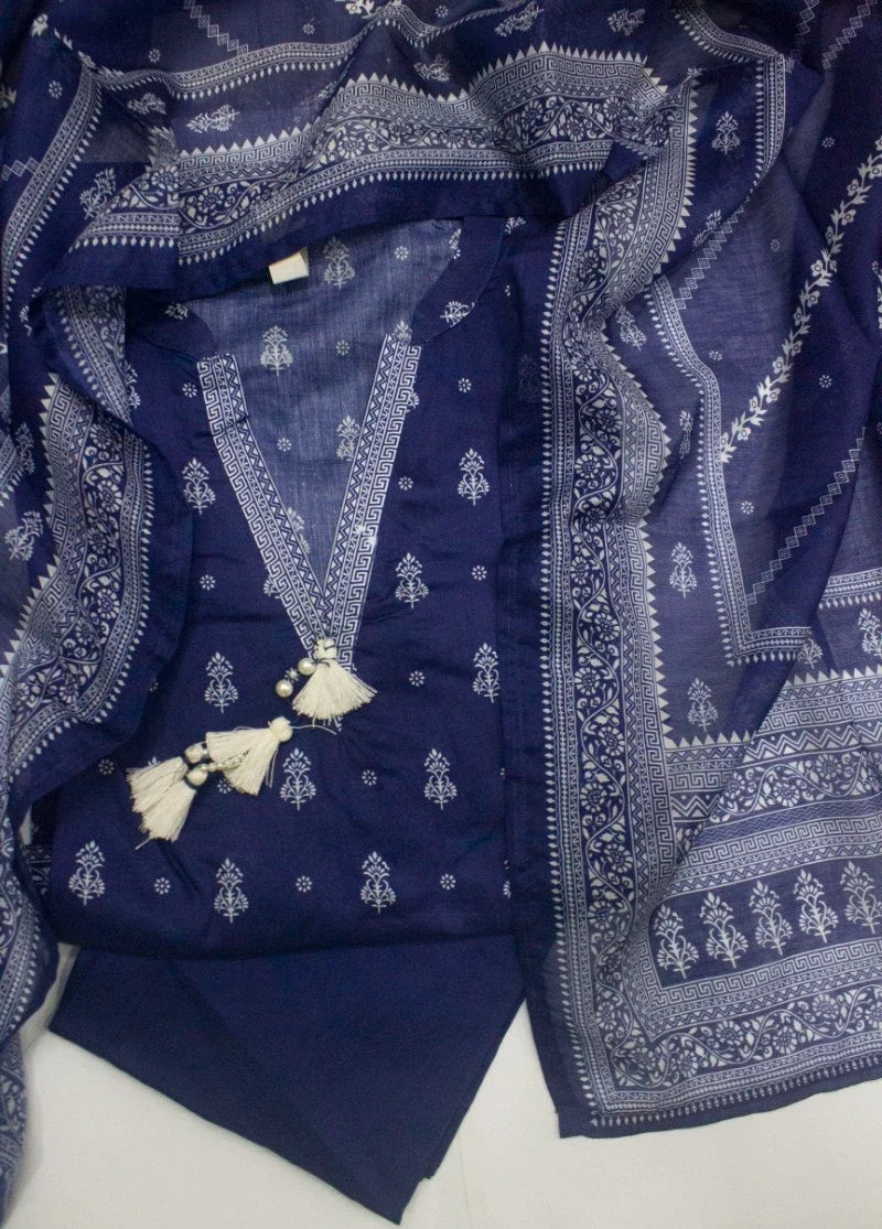 Printed Navy Blue Lawn 3-Piece Stitched Suit by Bin Saeed