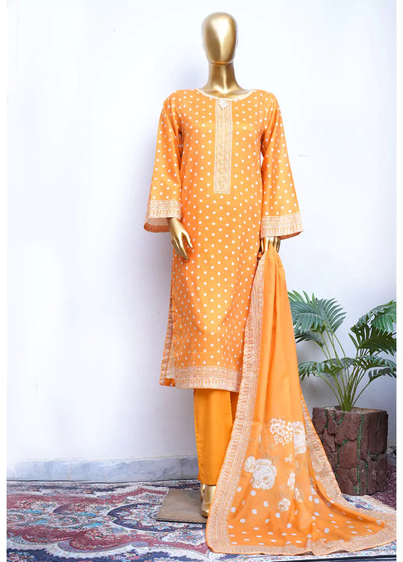 Printed Merigold Orange Cotton 3-Piece Stitched Suit by Bin Saeed