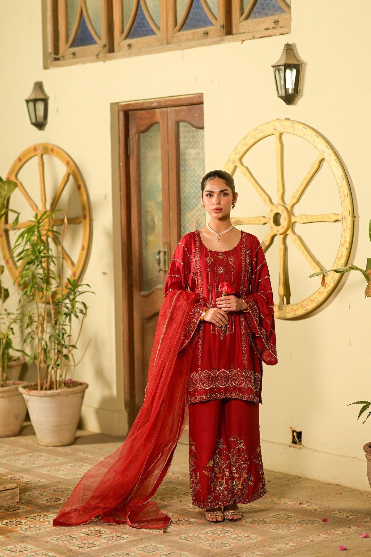 Jazba Maroon Pure Raw Silk 4-Piece Formal Suit by Kinza Khalid