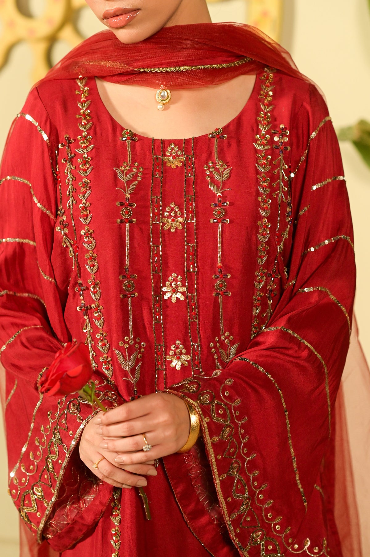 Jazba Maroon Pure Raw Silk 4-Piece Formal Suit by Kinza Khalid, photo 3